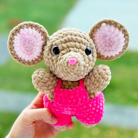 Plush Teeny Mouse in Pink Overalls Crochet PDF Pattern