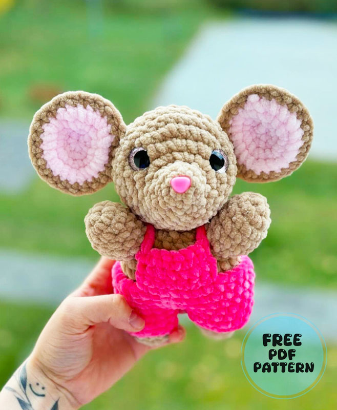 Plush Teeny Mouse in Overalls Crochet PDF Pattern