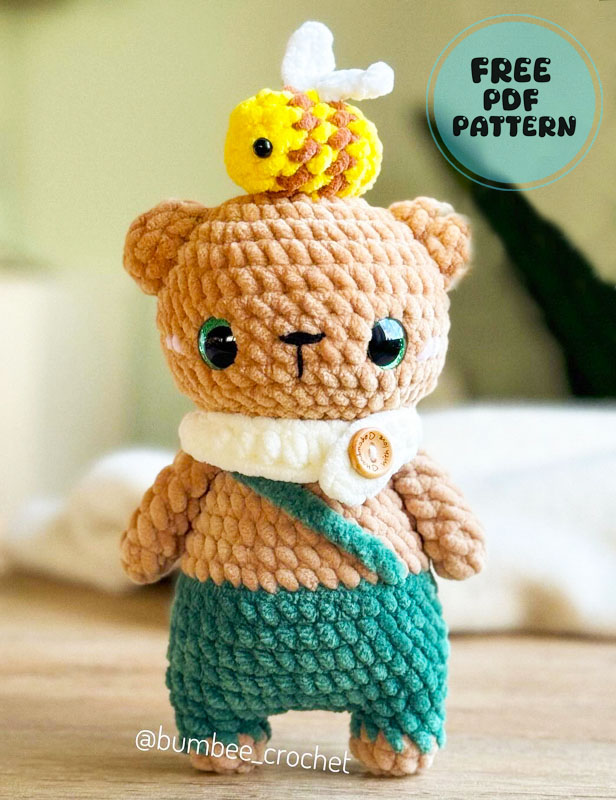 Teddy Bear in Overalls with Bee Amigurumi PDF Pattern